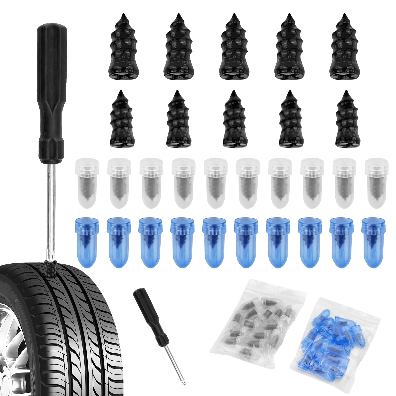 Gvolatee 30pcs Reifenreparaturset Auto, Felgen Reparaturset, Vakuum Reifen Reparatur Nagel, Tubeless Reifenflickzeug, Reifenreparatur Gumminägel mit Schraubendreher, Schlauchlose Reifenreparaturnägel von Gvolatee