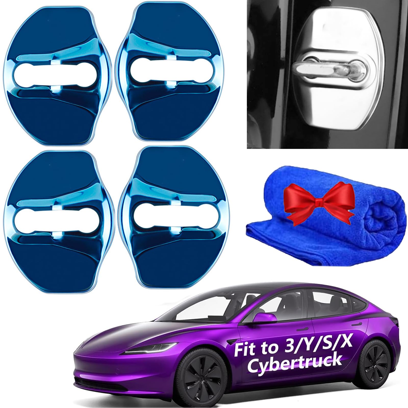 Oblaney Autotürschloss-Schutzabdeckung (4 Stück) Für Tesla Model 3/X/Y, Türschlossschutz Aus Edelstahl, Schmückt Das Türschlosszubehör Für Den Autoinnenraum (Blau) von Gyagalre