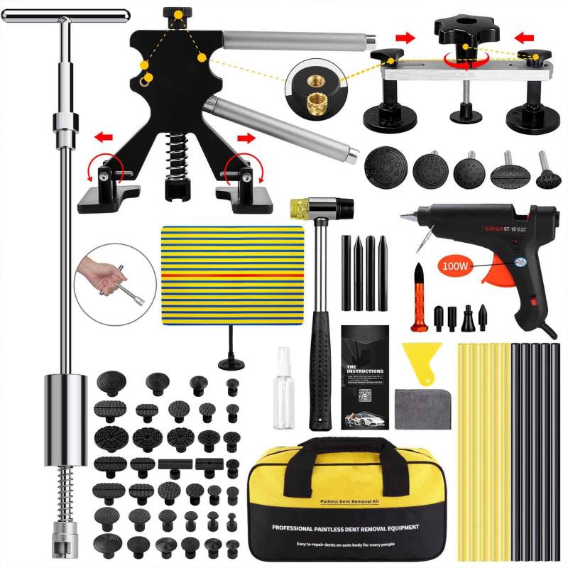 Gziztx Dellen Reparaturset Auto 72PCS Ausbeulwerkzeug Dellen Reparaturset mit 2 in 1 Gleithammer, Verstellbarer Dellenheber Wird für die Reparatur von Auto Hagel Dellen Verwendet von Gziztx