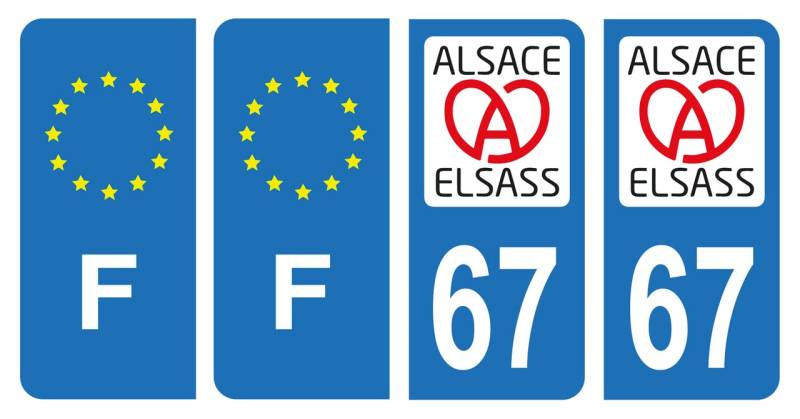 HADEXIA Nummernschild-Aufkleber, französisches Departement 67 Bas-Rhin, Region Alsass Alsace & F Frankreich, Europa, 4 Stück von HADEXIA