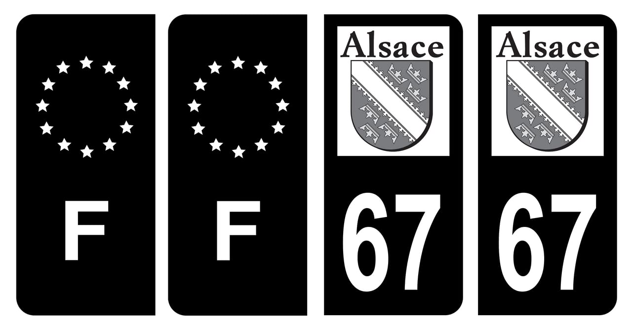 HADEXIA Nummernschild-Aufkleber, französisches Departement 67 Bas-Rhin, alte Region Alsasse, Schwarz und F, Frankreich, 4 Stück von HADEXIA