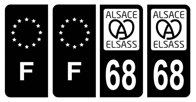 HADEXIA Nummernschild-Aufkleber, französisches Departement 68, Region Alsass, Alsass, Schwarz und F, Frankreich, 4 Stück von HADEXIA