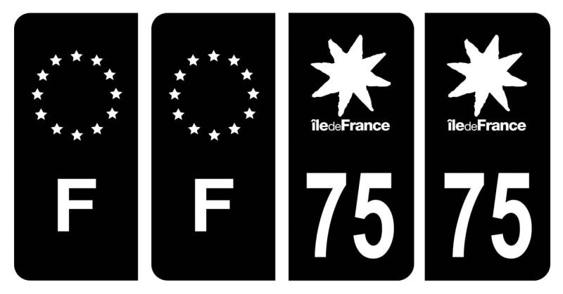 HADEXIA Nummernschild-Aufkleber, französisches Departement 75, Paris Region Ile-de-France, Schwarz und F, Frankreich, 4 Stück von HADEXIA