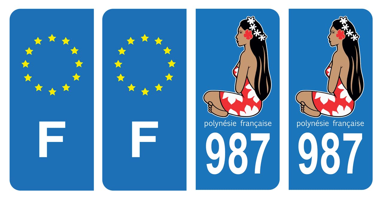 HADEXIA Nummernschild-Aufkleber 987, Polynesien, Französisch, DROM & F, Frankreich, 4 Stück von HADEXIA