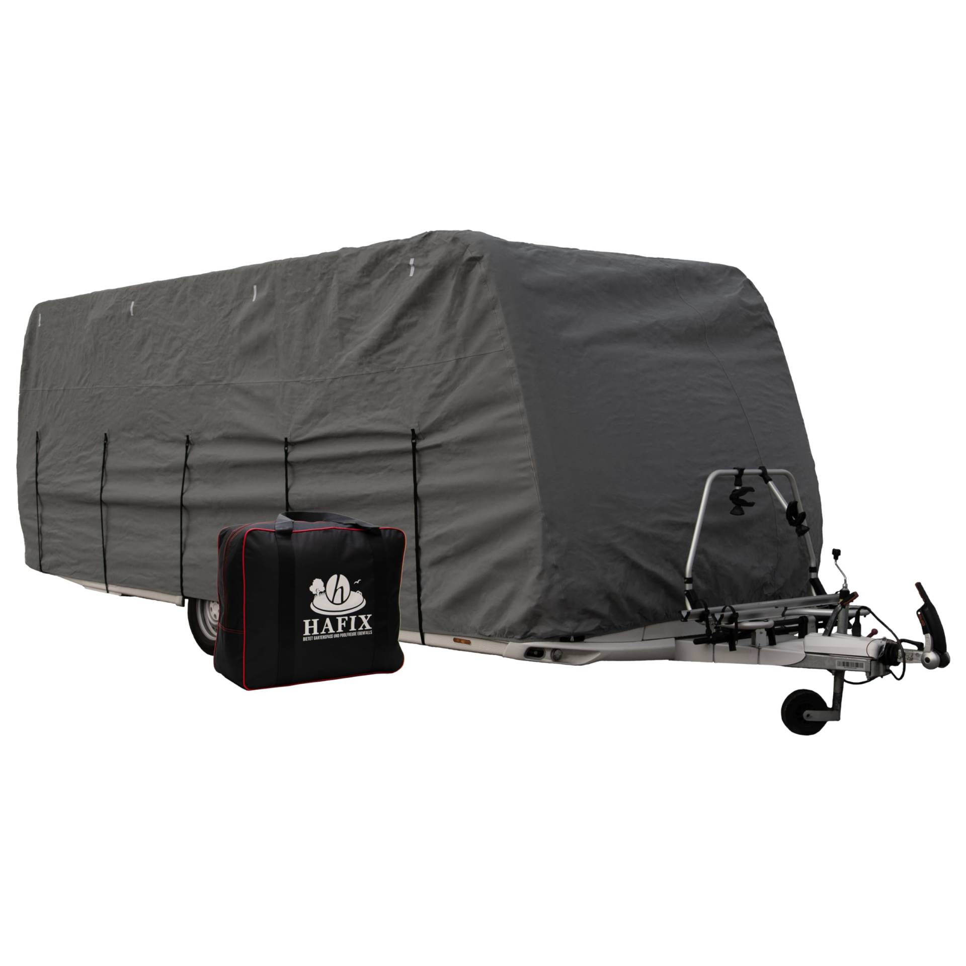 HAFIX Wohnwagen Schutzhülle - 3-lagige Ganzgarage in grau, Größe 640-> 700x225x220cm, 160g/m² - Wohnanhänger Schutz Abdeckung für Winter. Wetterfeste Abdeckplane, effektiver Hagelschutz für Caravan. von HAFIX