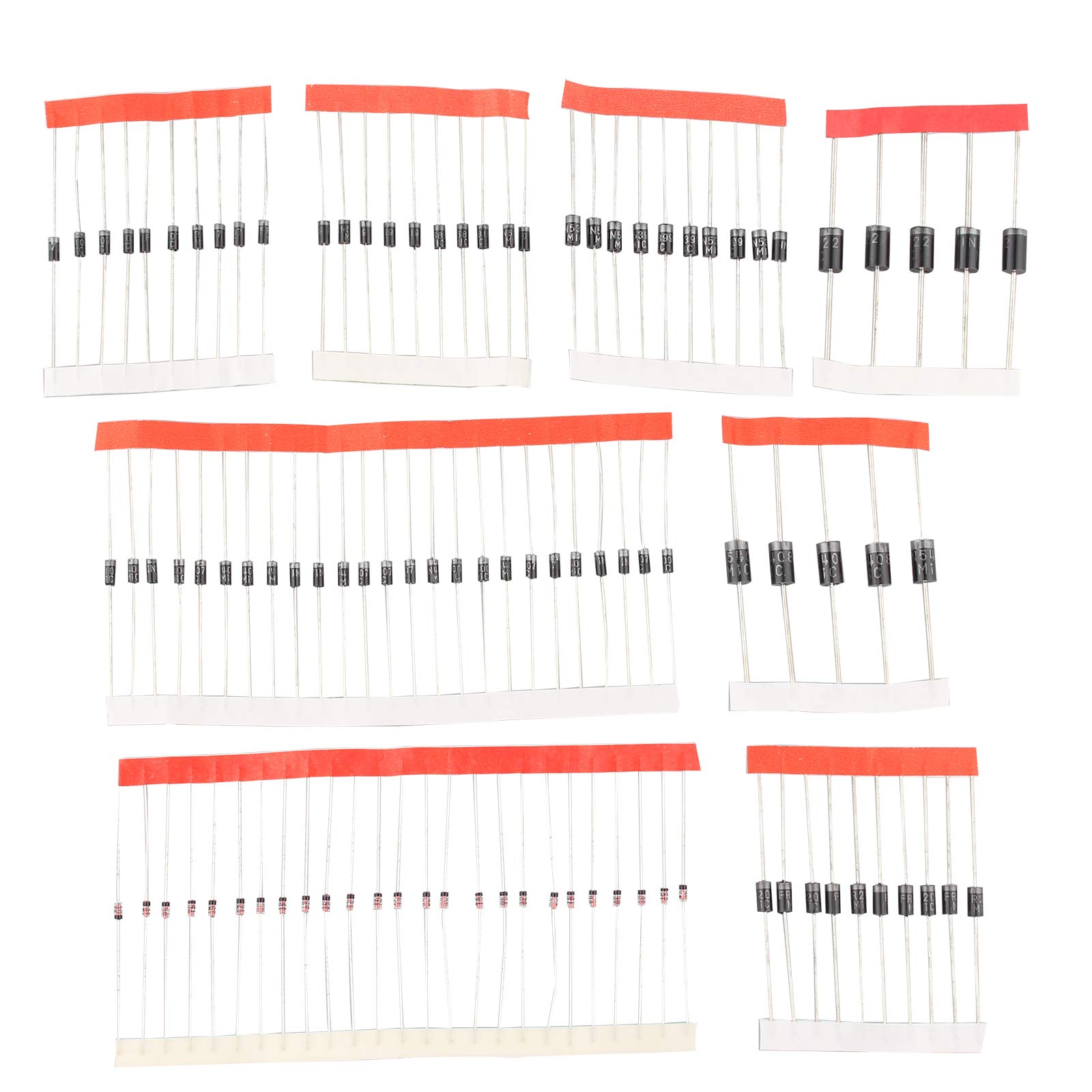 HALJIA 100 Stück 8 Werte Gleichrichter Dioden Bag Sortiment Set für Arduino (25 x 1N4148, 25 x 1N4007, 10 x 1N5819, 10 x 1N5399, 10 x FR107, 10 x FR207, 5 x 1N5408, 5 x 1N5822) von HALJIA