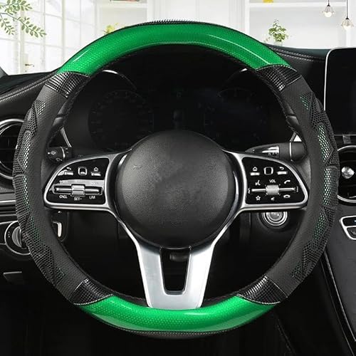 Auto Lenkrad Abdeckung Für VW Für Golf 7 2015 Für Polo Für JATTA Für Passat Für Tiguan PU Carbon Faser Lenkradschoner Lenkradbezug(A Green O Shape) von HAMFISTB