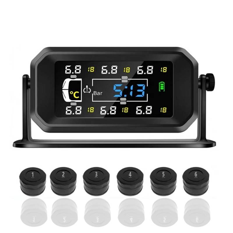 HAMON TPMS Reifendruckkontrollsystem, Solar Reifendruckkontrollsystem,Auto TPMS Reifendruckkontrollsystem,Mit 6 Reifendrucksensoren Wireless Solar TPMS 10m Transferentfernung FüR Van RV LKW von HAMON