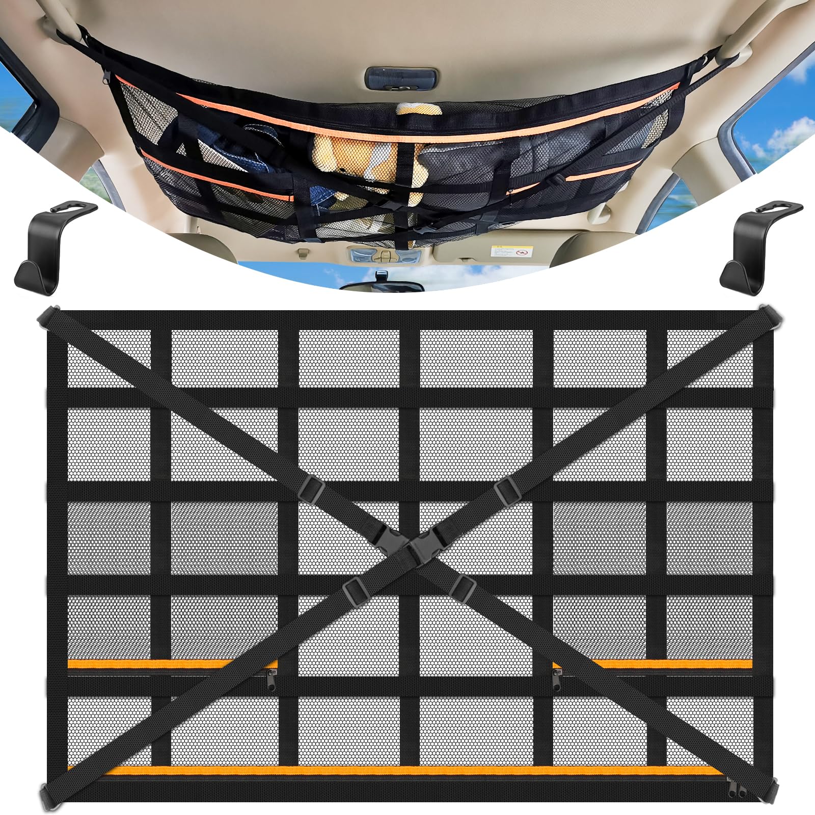 HAPPY FINDING Autodach Gepäcknetz Decke, 90 × 65 cm Universal Aufbewahrungsnetz mit Verstellbare Kreuzgurte und 3 unabhängige Reißverschlusstaschen für Vier Dach Armlehnen auf Autos, Jeeps, Van, SUV von HAPPY FINDING