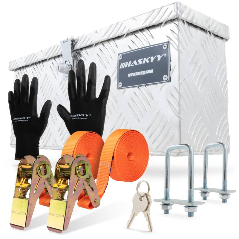 Aluminium Box Set Werkzeugkasten 485x140x200 mm inkl. 2X Spanngurte mit Ratsche 5m*27mm Befestigungsriemen 400-800 daN & Schwarze Handschuhe von HASKYY