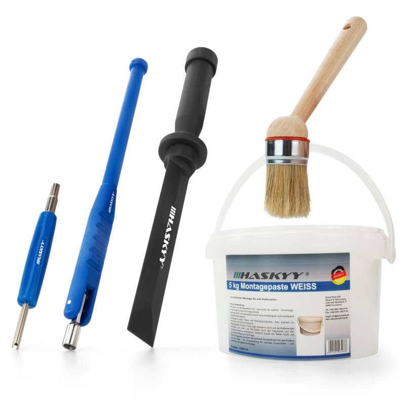 HASKYY Reifenmontage Set Montagepaste 5 kg Weiß mit Pinsel 22cm, Ventileindreher, Reiniger Schaber und Ventileinzieher - Universal Set ideal für Reifen Montage- & Demontage von HASKYY