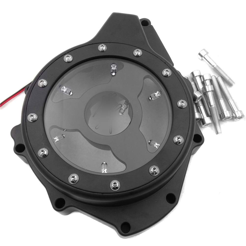 HASkulle Durchsichtige Ersatz-Motor-Stator-Generator-Abdeckung mit blauer LED Kompatibel mit Suzuki GSX1300R Hayabusa 1999-2019 Schwarze Kurbelgehäuse-Abdeckung mit eingraviertem schwarzen Kanji von HASkulle