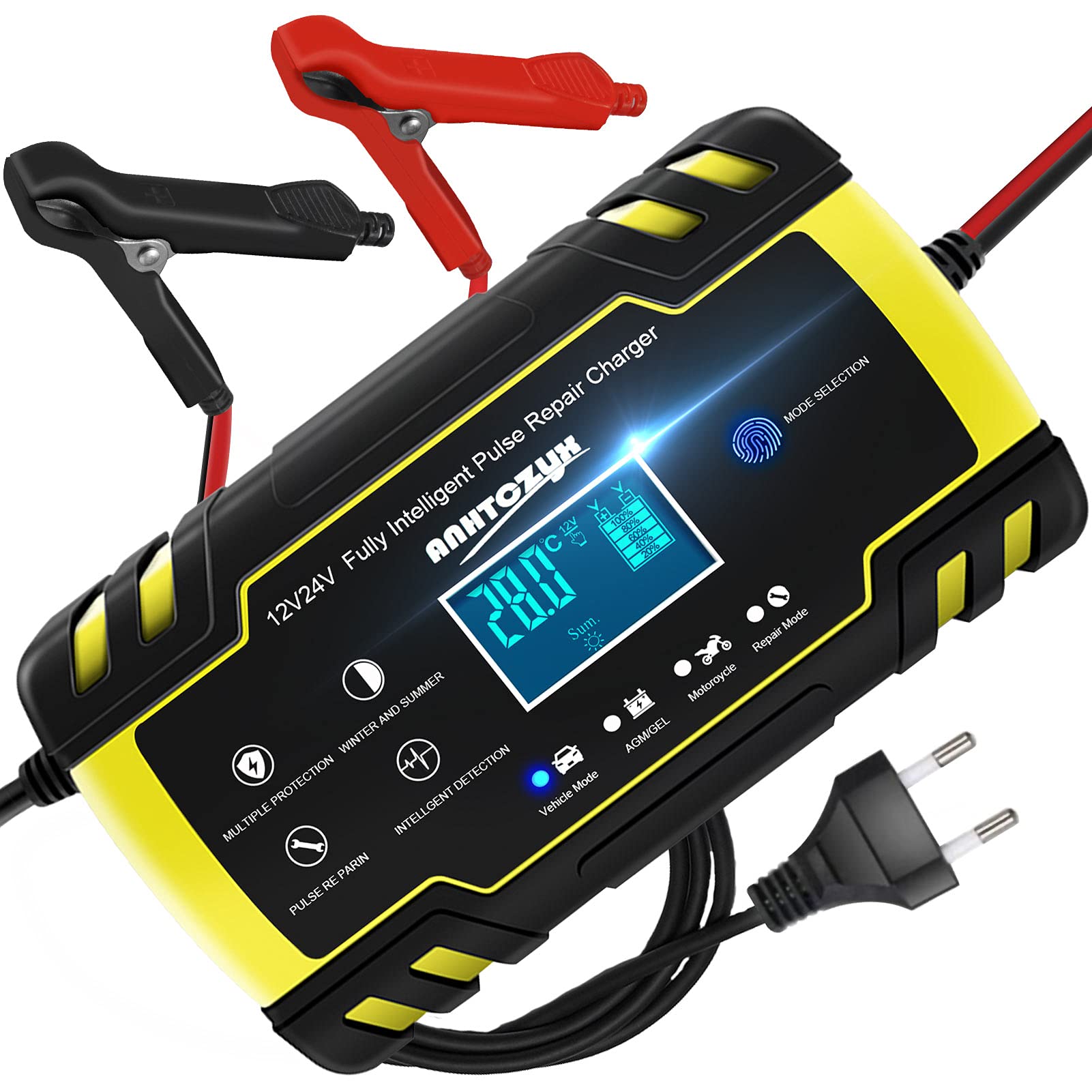 HAUSPROFI Autobatterie-Ladegerät, 12 V 8 A, 24 V 4 A Autobatterie-Ladegerät, vollautomatisches intelligentes Erhaltungsladegerät mit LCD-Touchscreen für Auto-, Motorrad-, Rasenmäher- oder Bootsbatter von HAUSPROFI