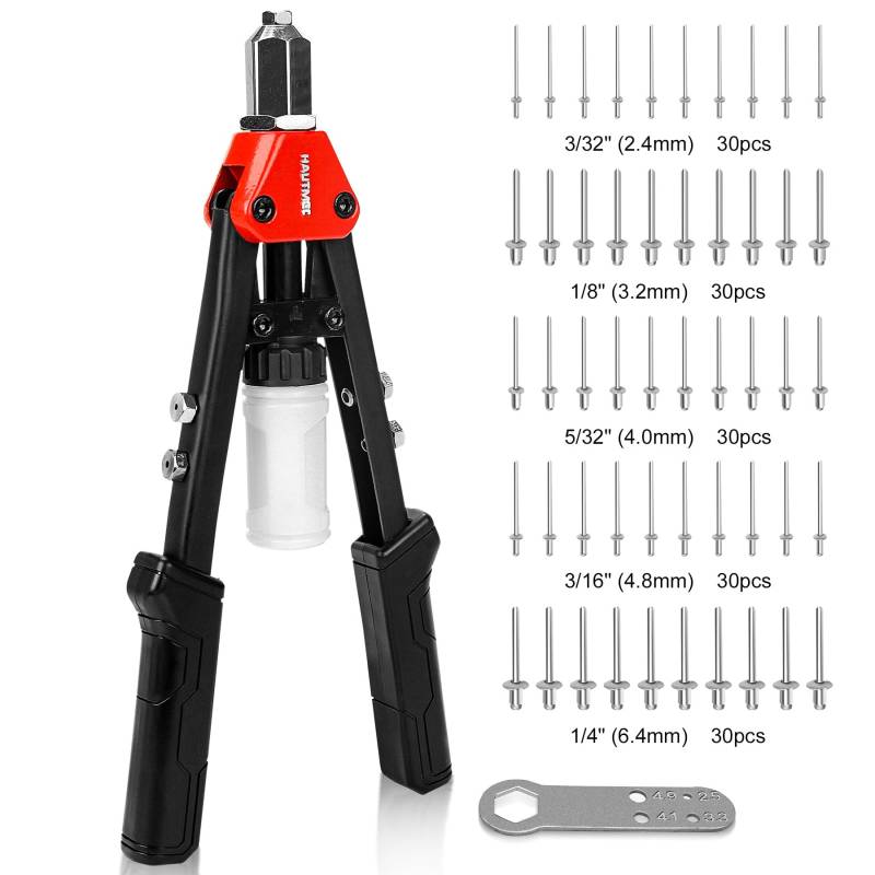 HAUTMEC 5-in-1-Nietpistole mit 150 Nieten, 33 cm, Pop-Nietwerkzeug mit tragbarem Schraubenschlüssel und Nieten, Sammelflasche, robuste Handnietzange für Metall, Aluminium, Stahl, HT0435 von HAUTMEC