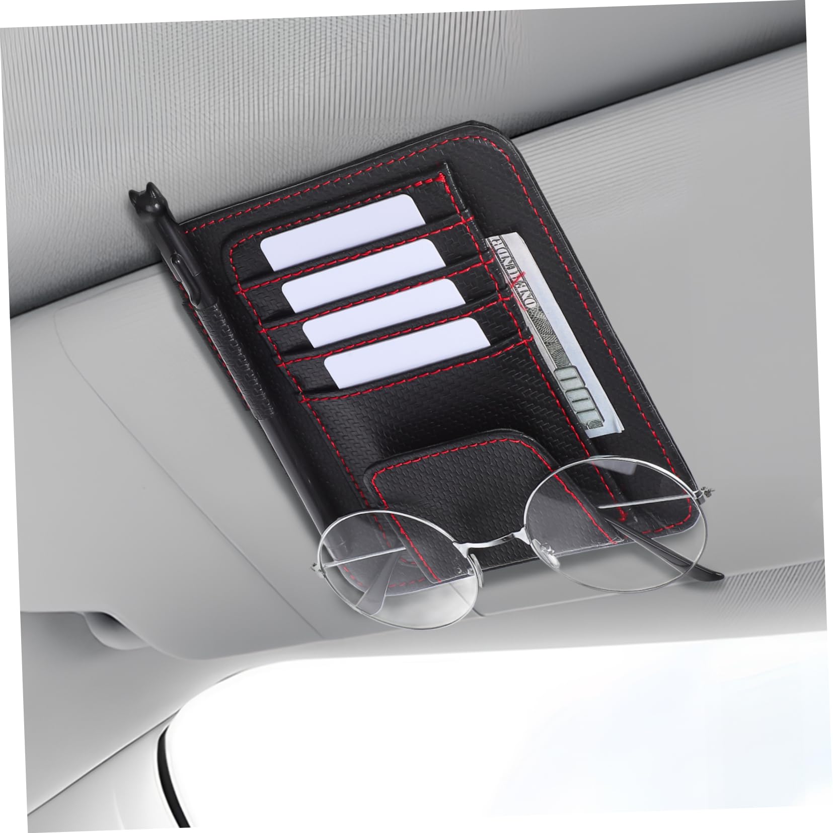 HAWILLOSCH Multifunktionaler Auto Sonnenblende Organizer Visor Aufbewahrungstasche Für Dokumente Versicherungs Und Zulassungskarten Carbon Mit Roten Akzenten Praktisches Auto von HAWILLOSCH