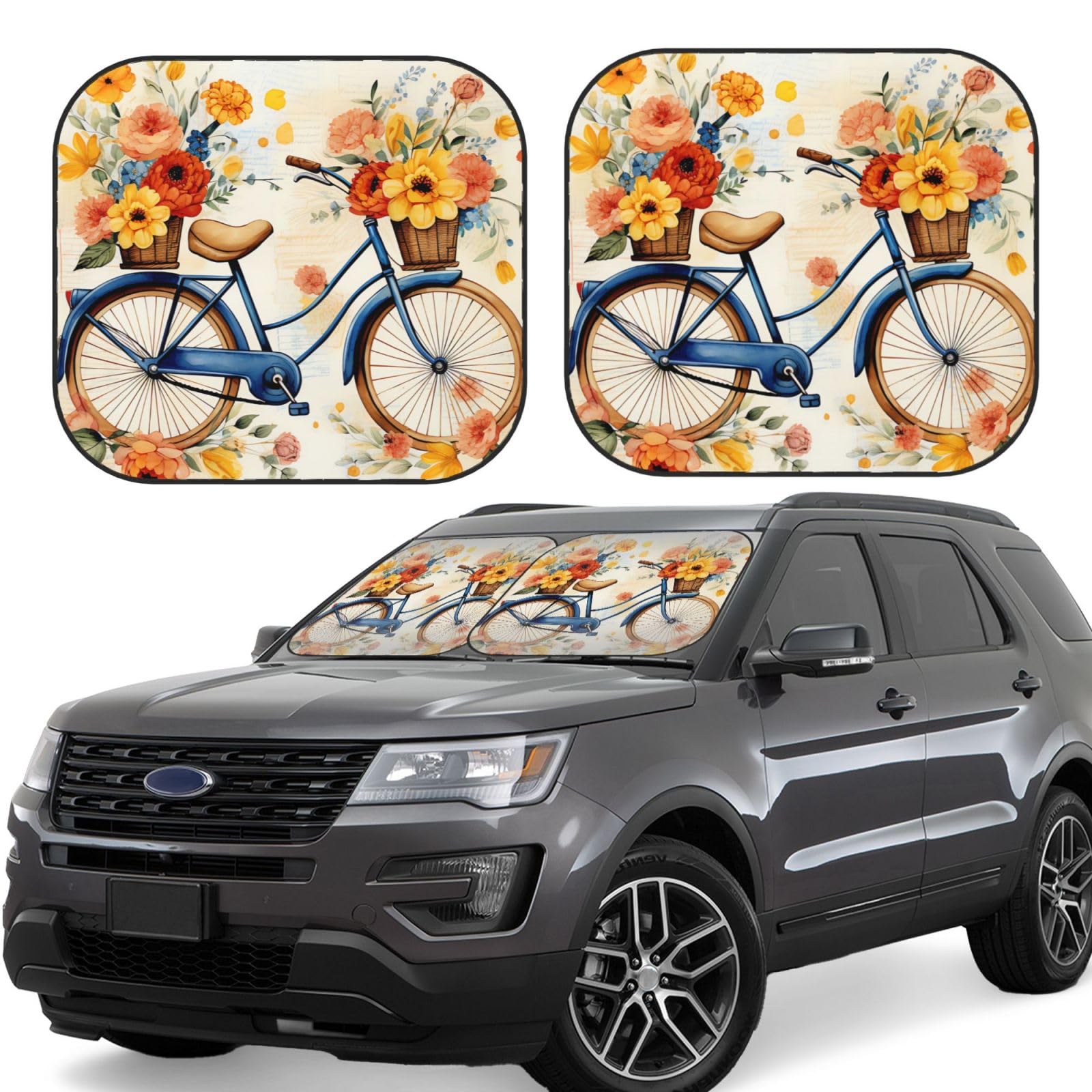 Blume Fahrrad Auto Windschutzscheibe Sonnenschutz 2 Stück Faltbare Frontscheibe Sonnenschutz Upgrade Sonnenblende Auto Reflektierende Sonnenblocker Automotive Innenraum Sonnenschutz für Auto LKW SUV von HCBPWVQA