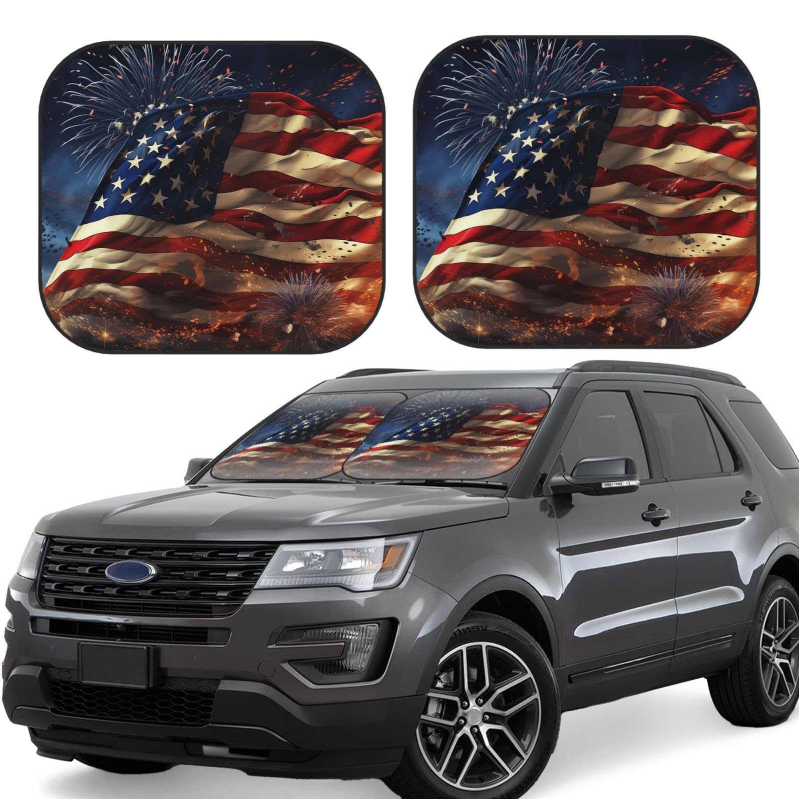 Flagge Feuerwerk Auto Windschutzscheibe Sonnenschutz 2 Stück Faltbare Frontscheibe Sonnenschutz Upgrade Sonnenblende Auto Reflektierende Sonnenblocker Automotive Innenraum Sonnenschutz für Auto LKW von HCBPWVQA