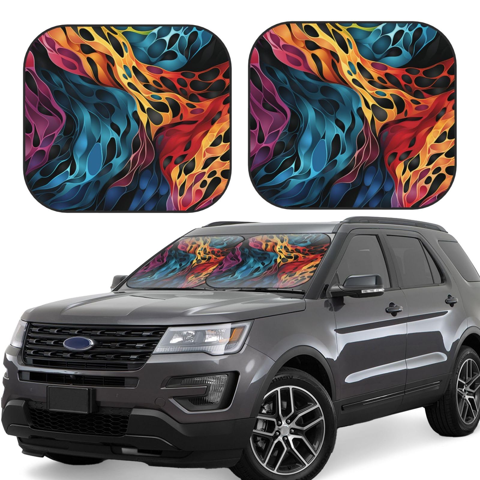 HCBPWVQA Regenbogen Leopard Print Auto Windschutzscheibe Sonnenschutz 2 Stück Faltbare Frontscheibe Sonnenschutz Upgrade Sonnenblende Auto Reflektierende Sonnenblocker Automotive Innenraum von HCBPWVQA