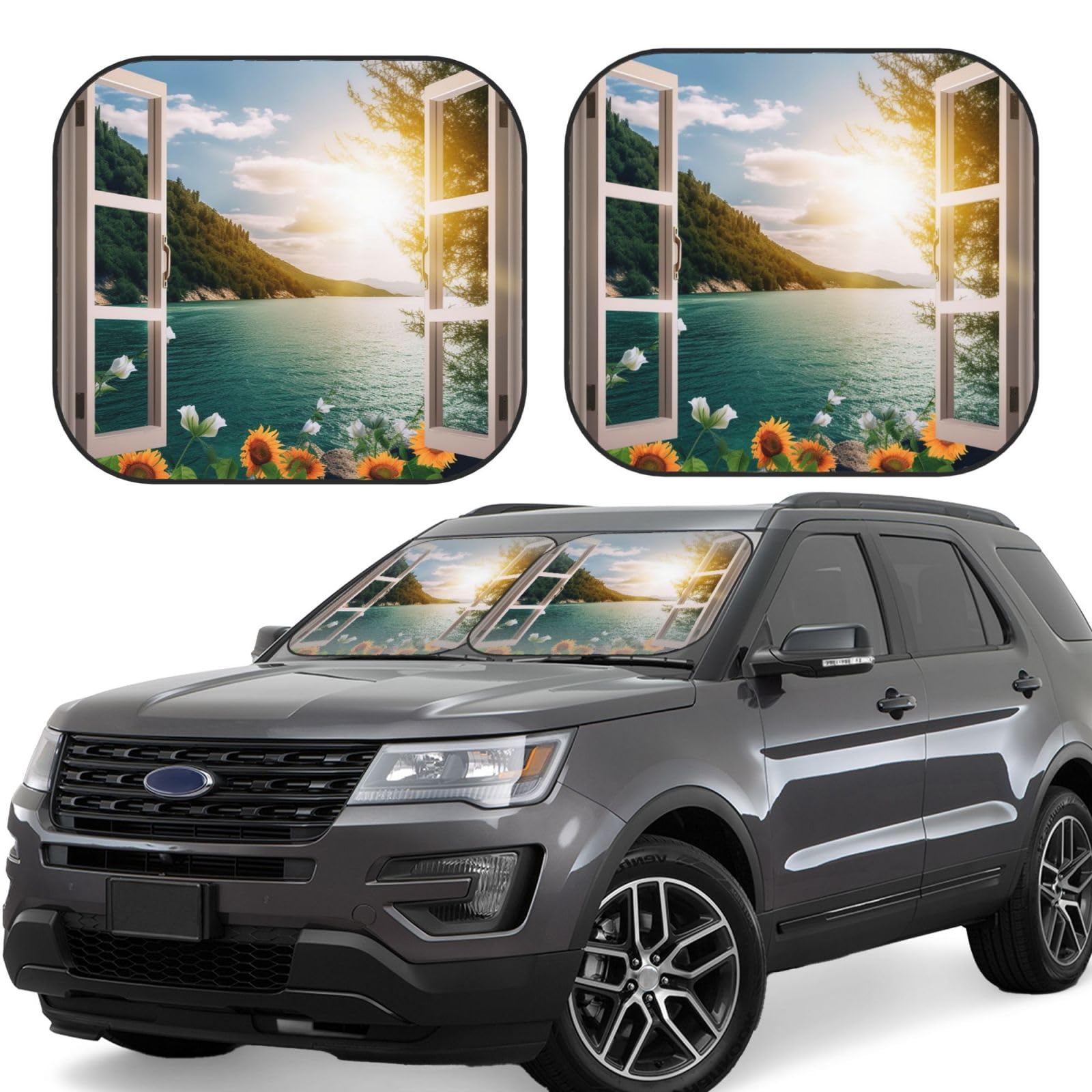 Sonnenblumenfenster Strand Auto Windschutzscheibe Sonnenschutz 2 Stück Faltbar Frontfenster Sonnenschutz Upgrade Sonnenblende Auto Reflektierende Sonnenblocker Automotive Innenraum Sonnenschutz für von HCBPWVQA