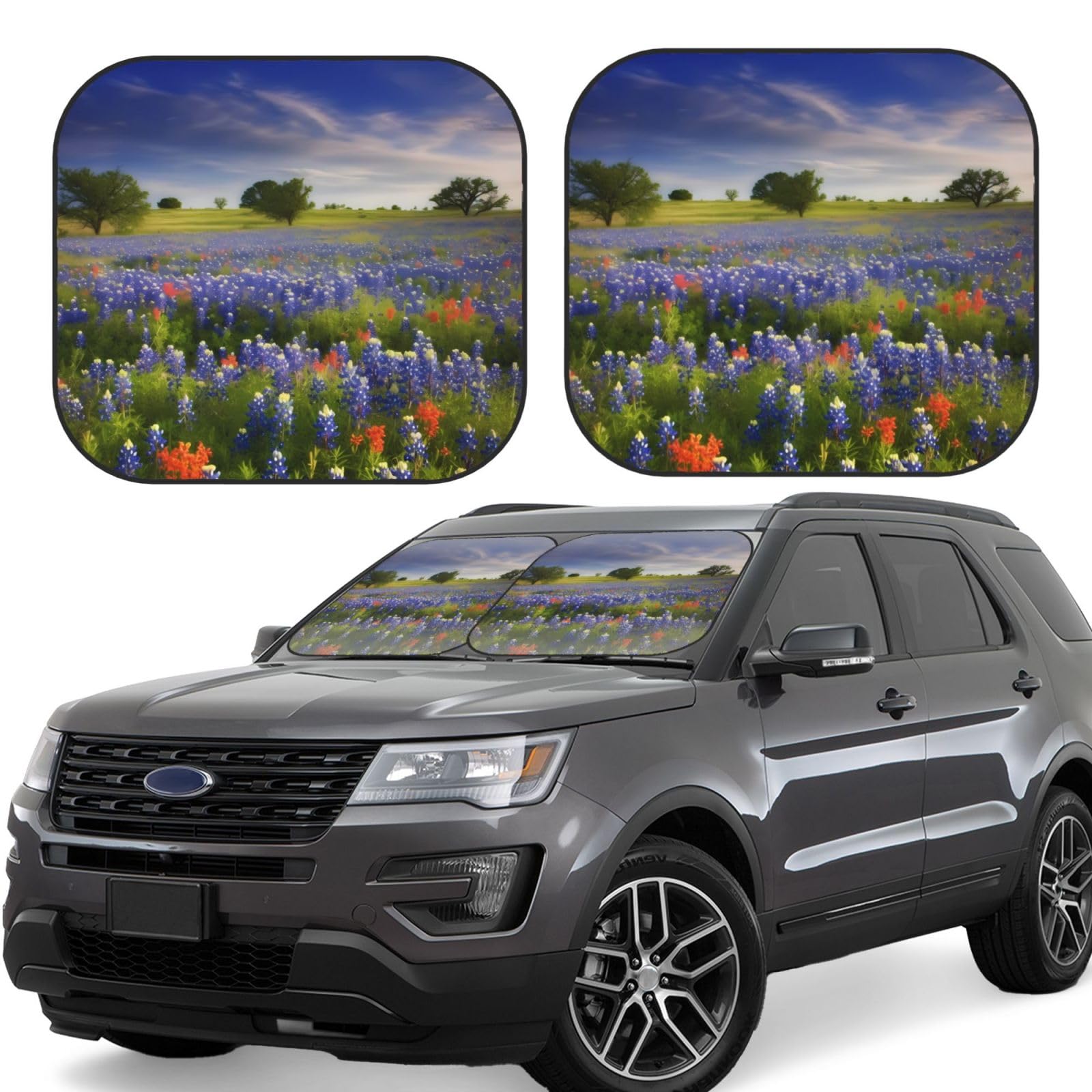 Texas Bluebonnets Scenery Auto Windschutzscheibe Sonnenschutz 2 Stück Faltbare Frontscheibe Sonnenschutz Upgrade Sonnenblende Auto Reflektierende Sonnenblocker Automotive Innenraum Sonnenschutz für von HCBPWVQA