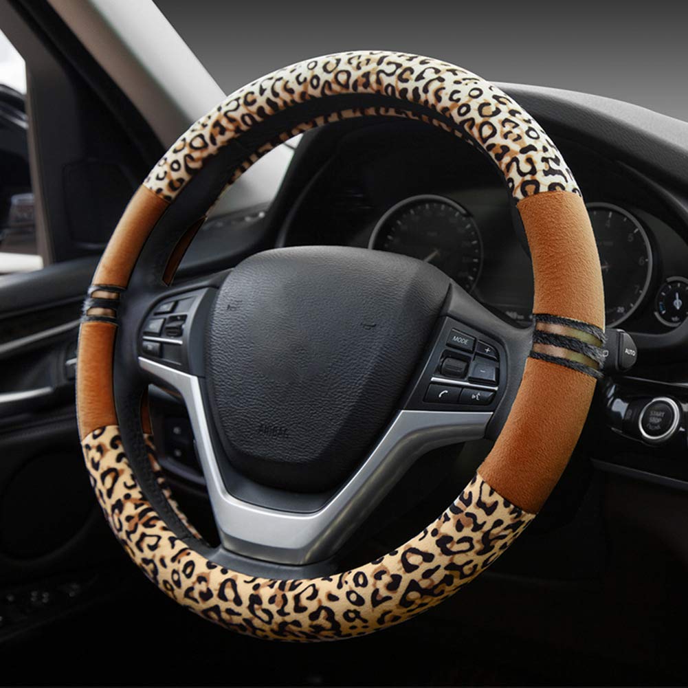 HONCENMAX Prämie Plüsch Weich Fahrzeug Lenkradabdeckung Bequem Winter Auto Lenkradschutz Universal Durchmesser 38cm (15 ") Leopard-Druck von HCMAX