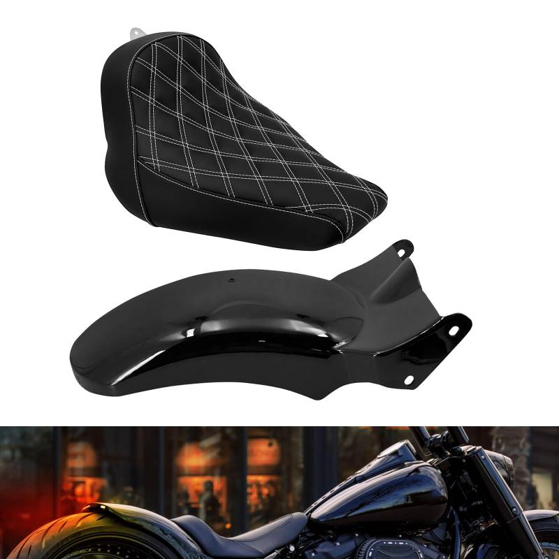 HCmotorku Motorradfahrer Solositz hinten Kotflügel LED Laufblinker Bremse kurzes Schutzblech Rücklicht Sitz Sozius Pad Kissen passend für Harley Softail Fat Boy 107 114 FLFBS FLFB 2018-2023 Schwarz von HCmotorku