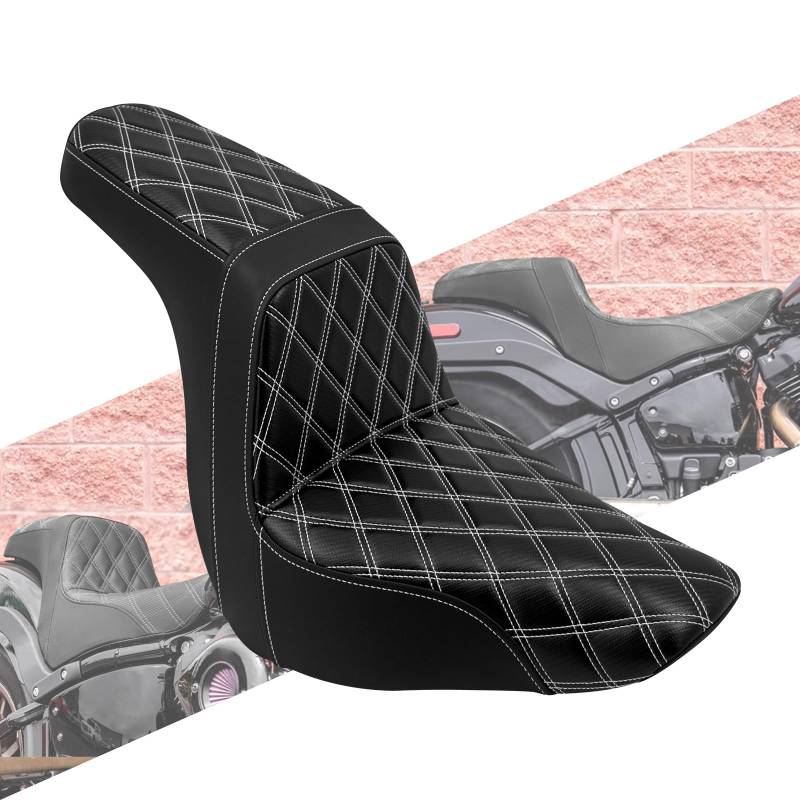 HCmotorku Motorradsitz Motorradsitz Motorradfahrer Beifahrer Einteiler Sitz Fahrer Sozius Pad Sitzkissen Fit für Harley Softail Lowrider FXLR 107 FXLRS 117 114 FXLRST Sitz 2018-2023 Weiße Naht von HCmotorku