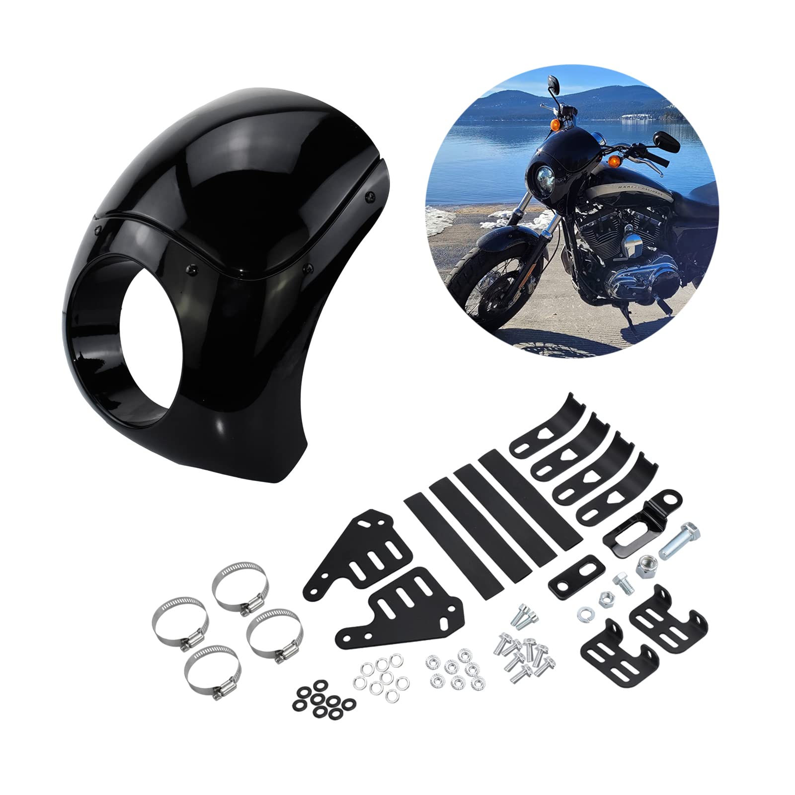 HDBUBALUS Motorcycle 5.75" Headlight Fairing Windshield 35-49MM Fork Tubes Bright Black Fit for Harley Sportster XL 883 Dyna Touring Models Gloss Black von HDBUBALUS