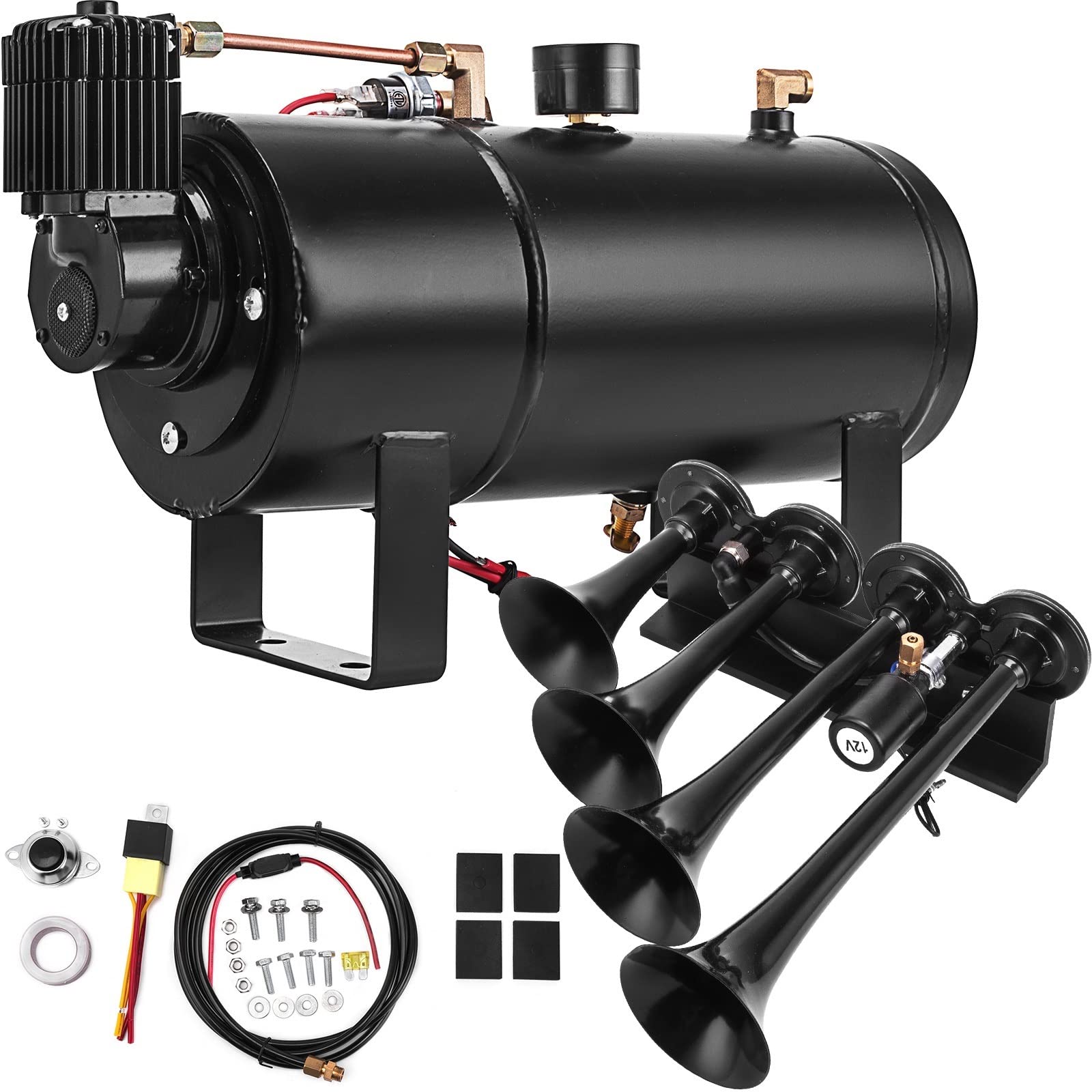 HEALBYBLE 3/4 Trompeten 12V 150DB Lautes Lufthorn Zughorn-Kit Max. 150 PSI Arbeitsdruck for LKW, Autos, SUV, Bootstraktor, Wohnmobil, ORV,Hohe Haltbarkeit(4 Trumpets 4L) von HEALBYBLE