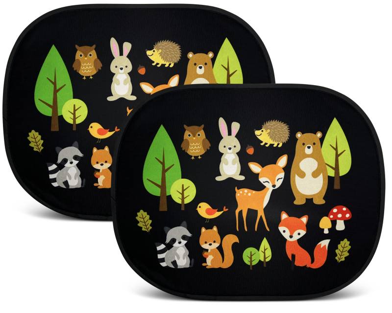 HECKBO 2X Auto Sonnenblende mit 8 Saugnäpfen - Waldtiere Tiere Motiv - 44x36cm - Auto Fenster Seitenfenster Sonnenschutz Autosonnenblende Seitenscheibe - mit Tasche - für Baby Kinder Mädchen Jungen von HECKBO