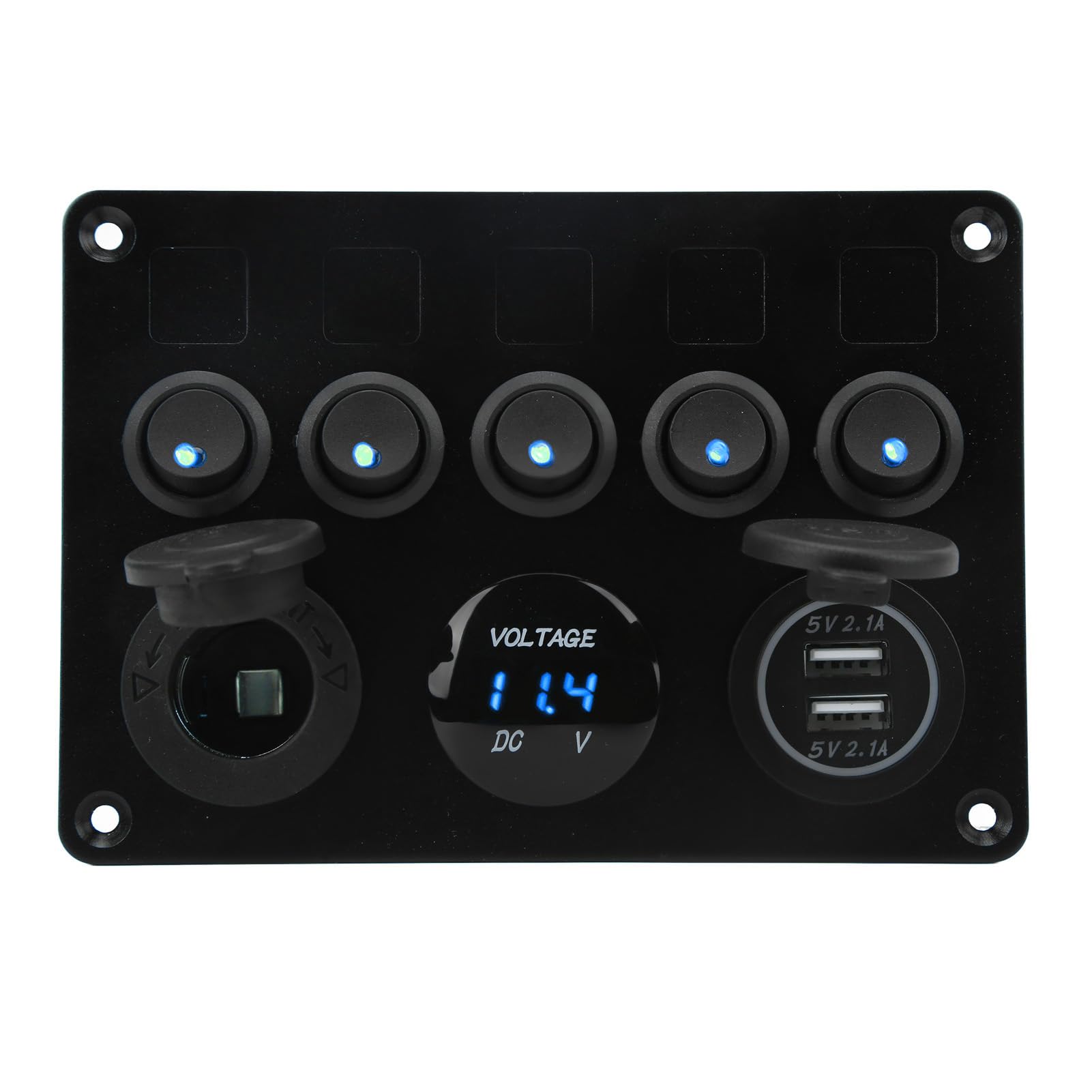 Ein/Aus-Schalttafel, 12–24 V, Universell, mit Hintergrundbeleuchtung, Zwei USB-Anschlüsse, 5-fach, Wasserdichter Wippschalter für Boot, Marine, Wohnmobil, Anhänger, LKW (Blau) von HEEPDD