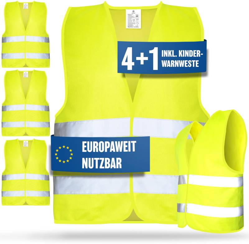 HELDENWERK Auto Warnweste 2024 Europaweit einsetzbar - Reflektierende Warnwesten inkl. Kinderweste (4 Stück + 1) - Sicherheitsweste, Pannenweste von HELDENWERK