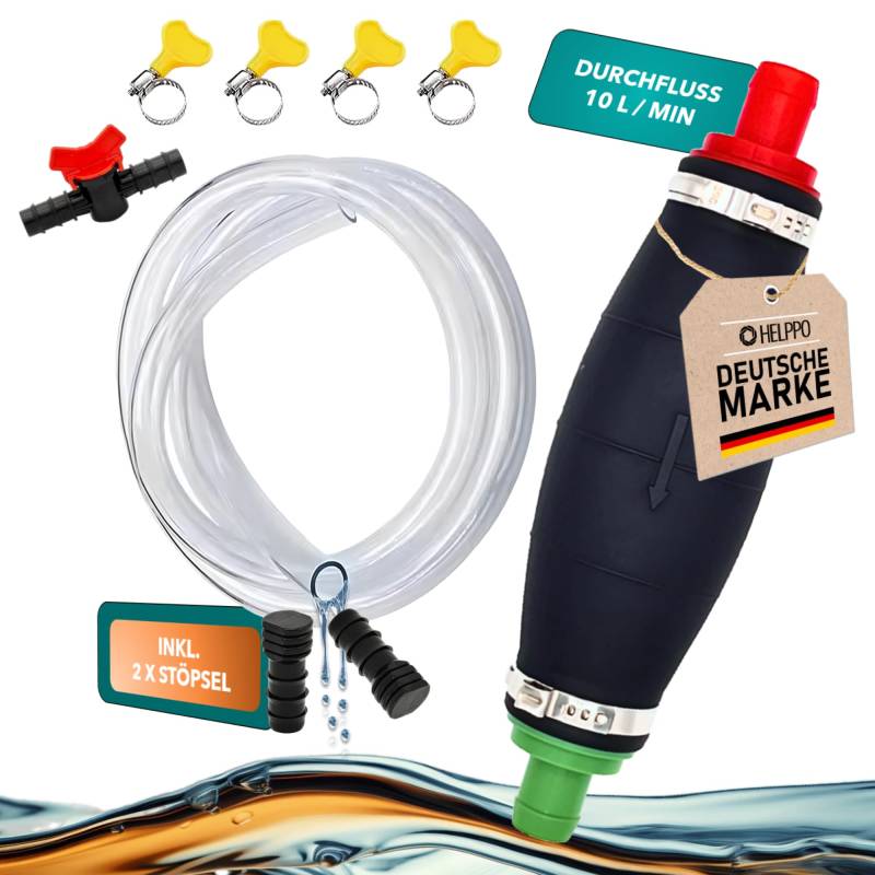 HELPPO Handpumpe zum Umfüllen von Flüssigkeiten wie Benzin, Diesel, Öl, Wasser - XL Umfüllpumpe mit Vakuumfunktion, 2m kraftstoffresistenten PVC-Schlauch inkl. Stöpsel und Flüssigkeitsregler von HELPPO