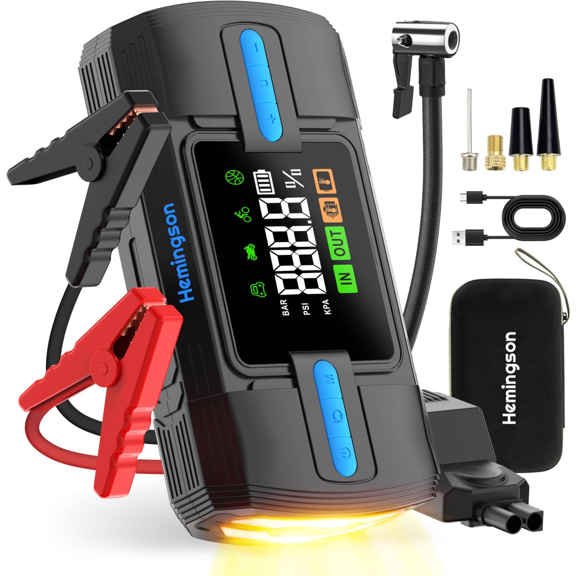 Starthilfe Powerbank mit 160PSI Kompressor 3000A Spitzenstrom Starter Powerbank für 12V Jump Starter Starthilfe mit Digitale Anzeige und LED Taschenlampe von HEMINGSON