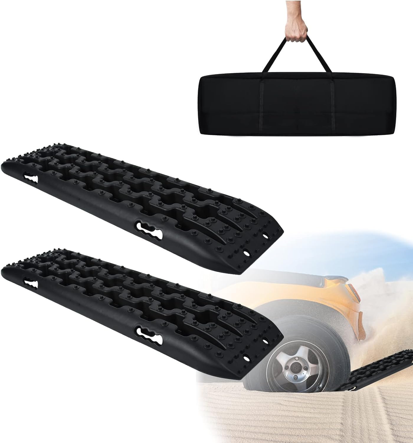 HENGMEI Sandbleche PKW Anfahrtshilfe 2 Stück Offroad Traktionshilfe Recovery Board Tracks Traction Mats Gripmatte Traktionsmatte Schnee Reifenleiter (Schwarz) von HENGMEI