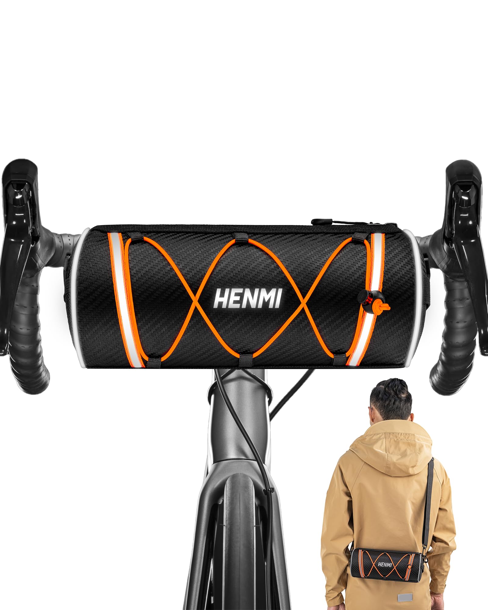 HENMI Lenkertasche Fahrrad Wasserdicht, Fahrradtasche Lenker für E-Bike, MTB, Rennrad, Lenkertasche Rennrad mit Schultergurt ca.2,4L (Orange) von HENMI