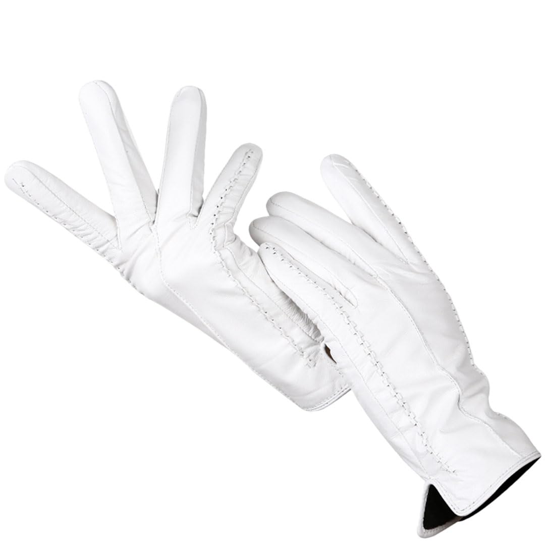 HEYDHSDC Mode Weiße Lederhandschuhe Damen Echtleder Handschuhe Schaffell Kurze Damen Warmfutter Handschuhe White 6.5 von HEYDHSDC