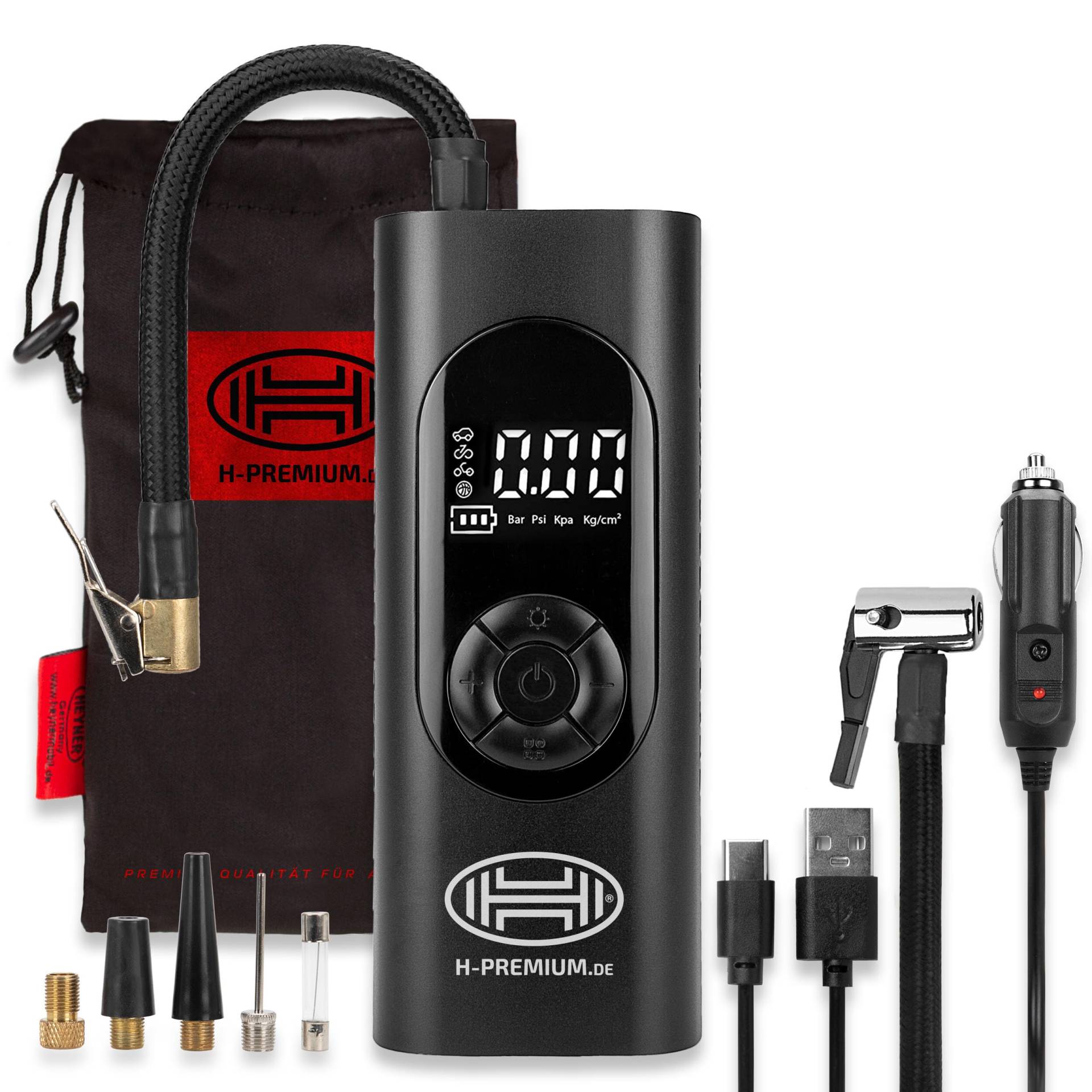 HEYNER® Akkukompressor, elektrische Fahrradpumpe, 6000 mAh Powerbank und Notbeleuchtung, 10 bar 12 V von HEYNER