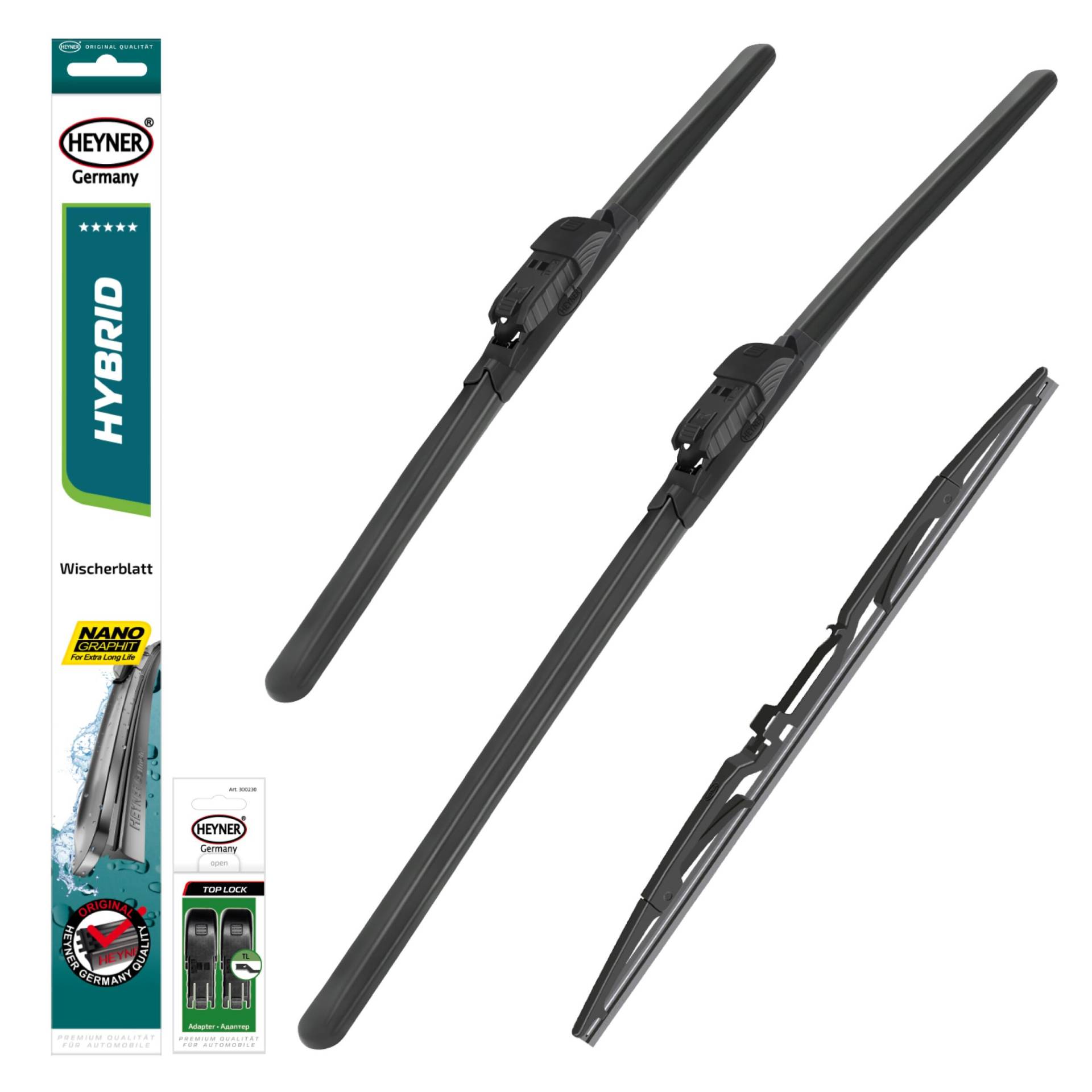 HEYNER® Scheibenwischer Set mit Heckscheibenwischer passend für PEUGEOT 308 II SW (01.2014-06.2021) HYBRID Flachbalkenwischer Front- und Heckwischer von HEYNER