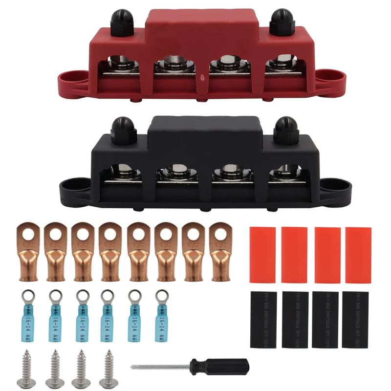 2PCS Sammelschienen 12V-48V DC Verteilerblock 250A BusBar Box Stromverteilungsblock Hochleistungsmodule mit 4 x M8 (5/16")-Anschlussbolzen,mit Ringkabelschuhe Schrumpfverbinder,für Auto RV Boat Yacht von HEYOUTH