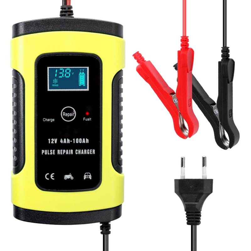 Autobatterie Ladegerät, Vollautomatisches Auto-Batterieladegerät 1 2V 2A 24V 4A Intelligente schnelles Netzwerke Nasser Trockensäure-Digitalanzeige(Yellow) von HFGDRH