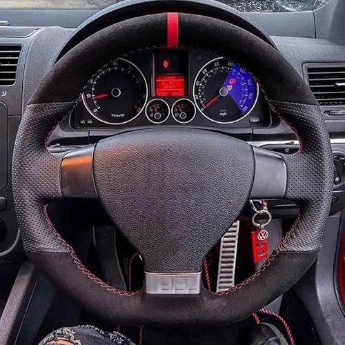 Auto Lenkradbezug Für Golf 5 Für Golf Plus Für Polo Für Jetta Für Passat Auto Lenkradbezug DIY Schwarzes Leder Wildleder Lenkradabdeckung(Red Blue Thread) von HGYFS5