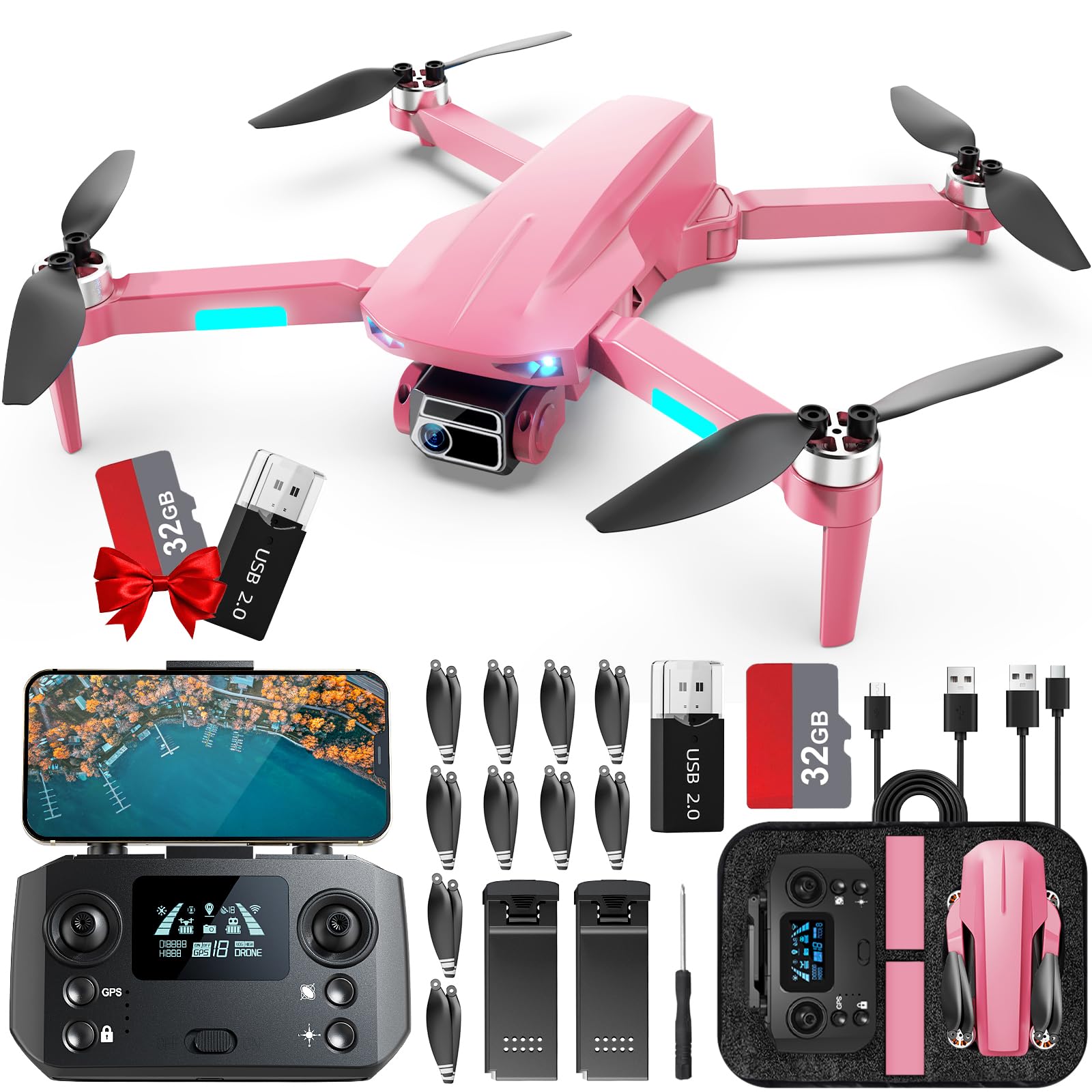 HHD Drohne mit 4K Kamera für Erwachsene Anfänger, 249g faltbar 5G FPV Übertragung, 32GB SD Karte inklusive, RC Quadcopter, bürstenloser Motor, Smart Return Home, Headless Modus (Pink) von HHD