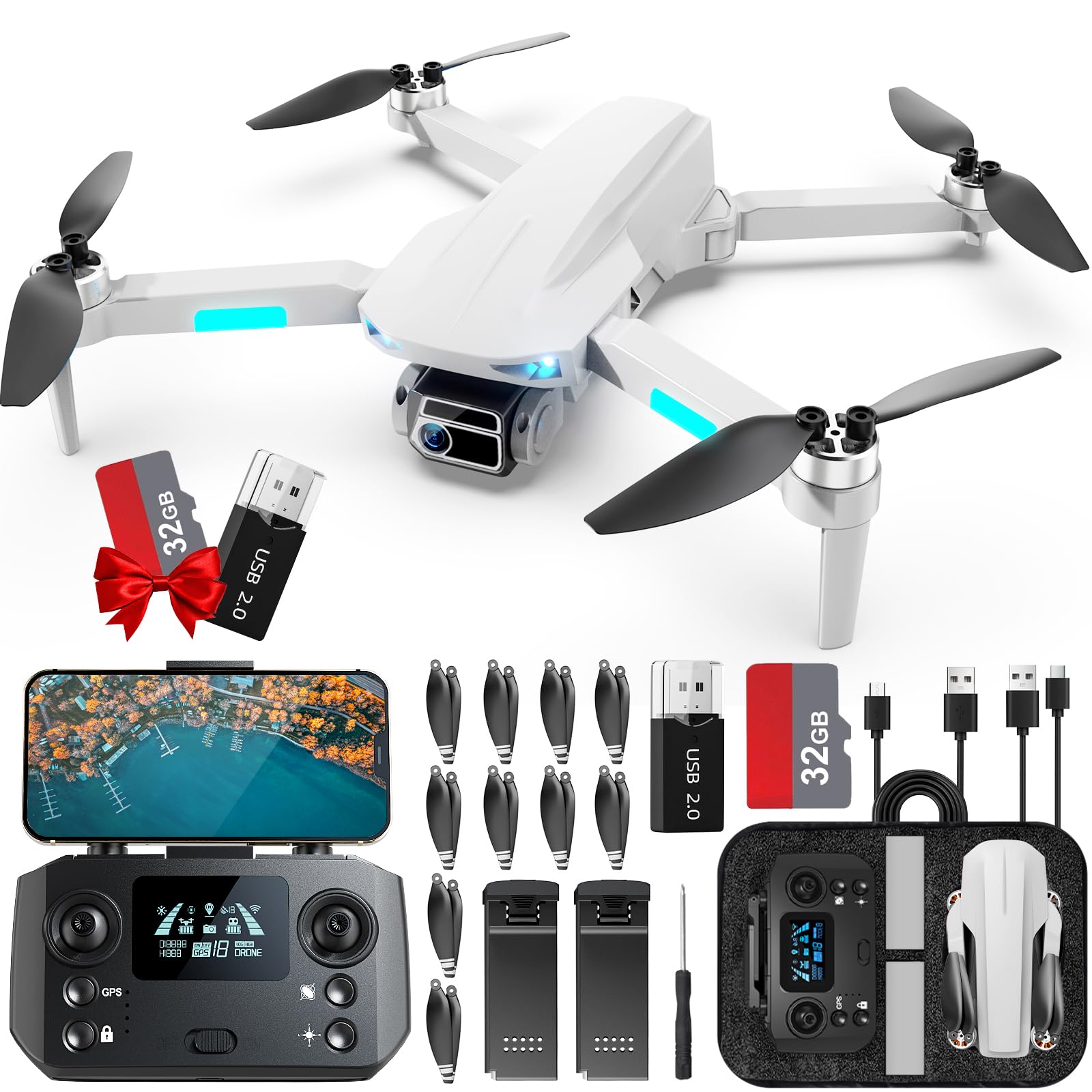 HHD Drohne mit 4K Kamera für Erwachsene Anfänger, unter 249g mit 32G TF Karte,FPV RC Quadcopter, Videoübertragung, Auto Return, Windresistenz, 2 Batterien für 52-Min Max Flugzeit（White） von HHD