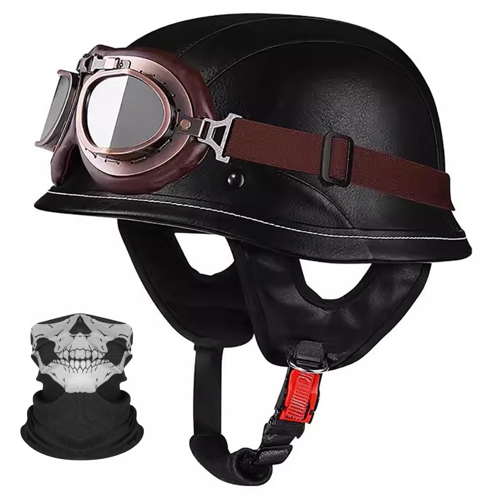 Deutsche Motorrad Halbhelme Leder Halbschalenhelm mit ECE Zertifiziert -Helm Mit Maske und Brille Herausnehmbares Innenfutter M~XL 57~62CM von HHSDB