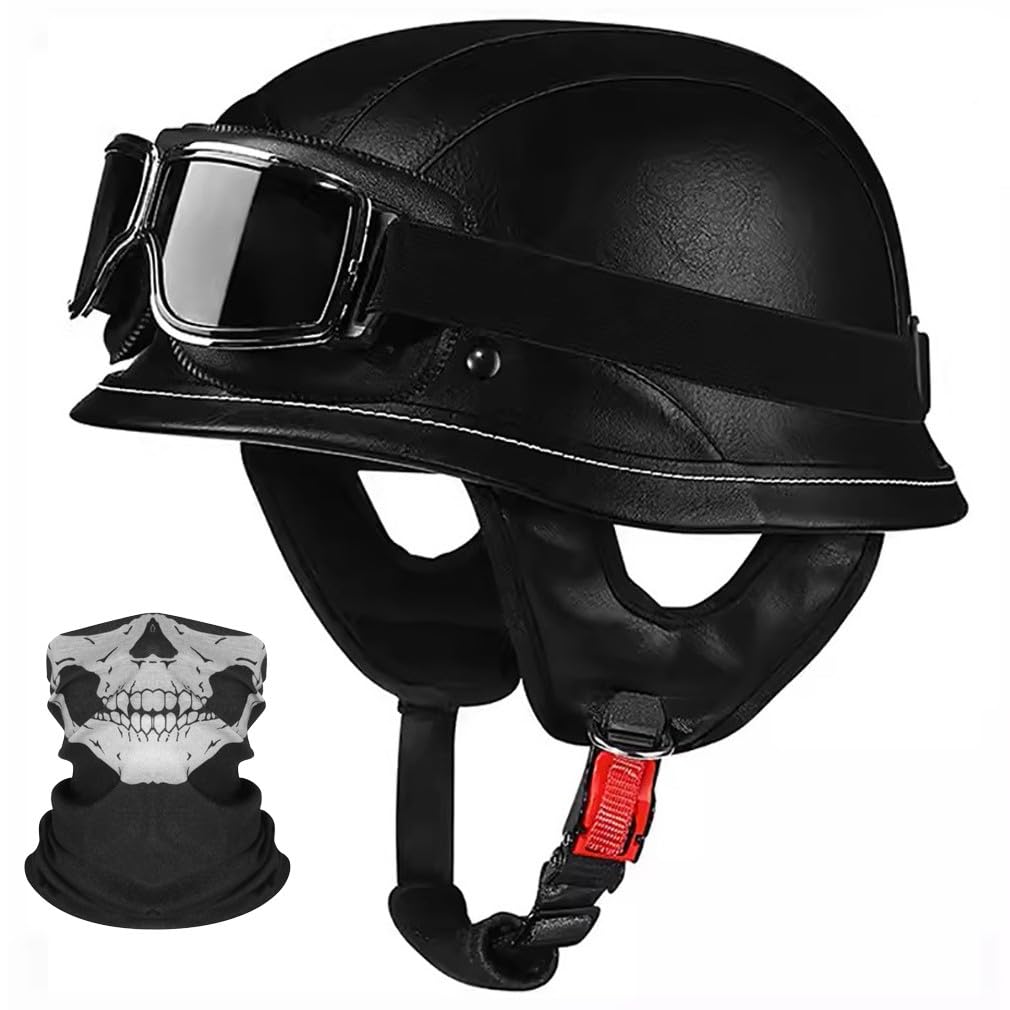 Deutsche Motorrad Halbhelme Leder Halbschalenhelm mit ECE Zertifiziert -Helm Mit Maske und Brille Herausnehmbares Innenfutter M~XL 57~62CM von HHSDB