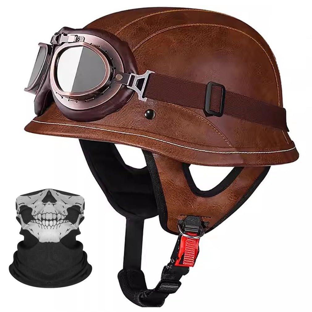 Deutsche Motorrad Halbhelme Leder Halbschalenhelm mit ECE Zertifiziert -Helm Mit Maske und Brille Herausnehmbares Innenfutter M~XL 57~62CM von HHSDB