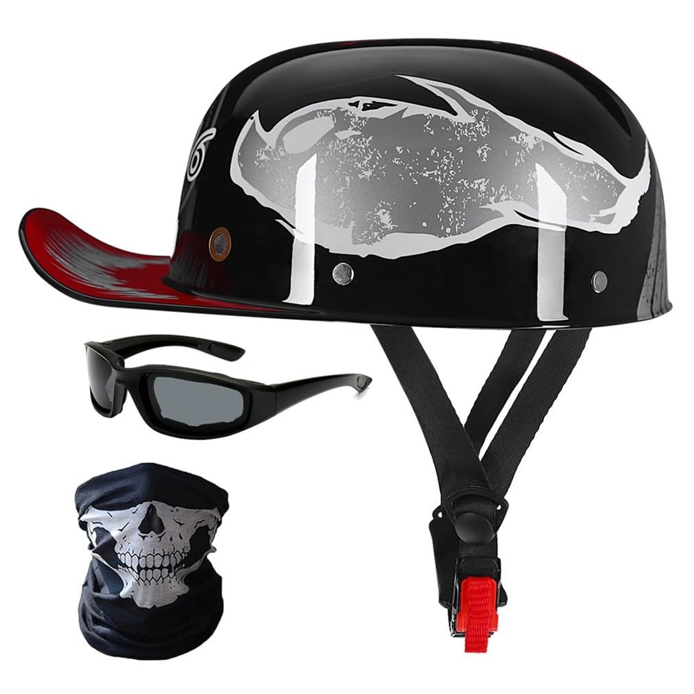 Halbschalenhelm Motorradhelm ECE-Zulassung Baseball Cap Mit Fahrradbrille Fahrradvisier Cruiser Chopper Scooter Helm Herren Retro Motorrad Halbhelm MäNner Frauen Mofa Helm 57-62cm von HHSDB