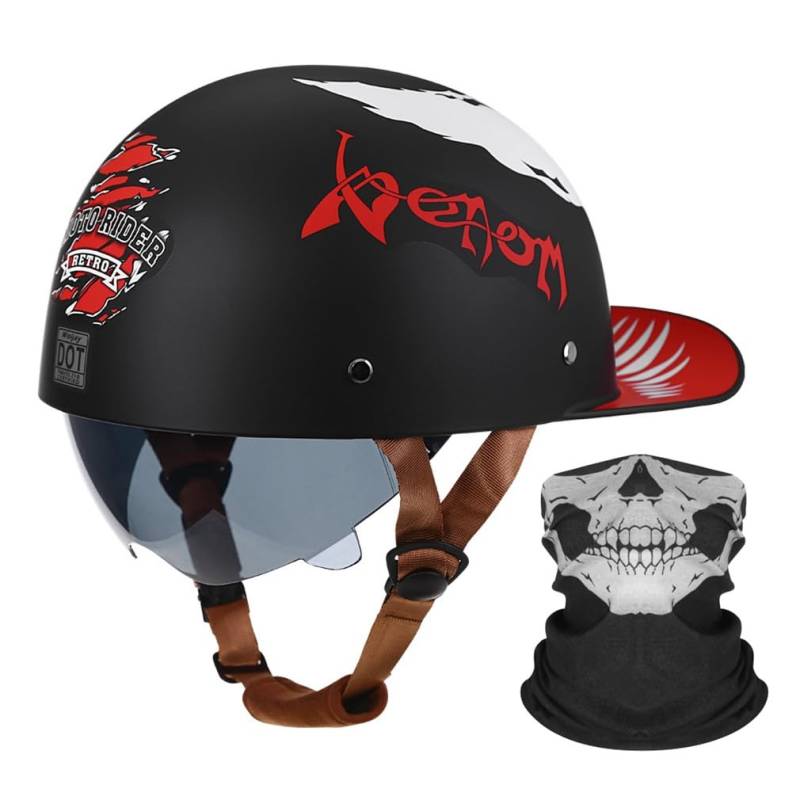 Motorrad Halbhelm Halbschalenhelm Baseballmütze-Helm Mit Gesichtsschutz ECE-Zulassung Baseball Cap Motorradhelm Mit Schrumpfbare Braune Linsen Schnellverschluss 55-64CM von HHSDB