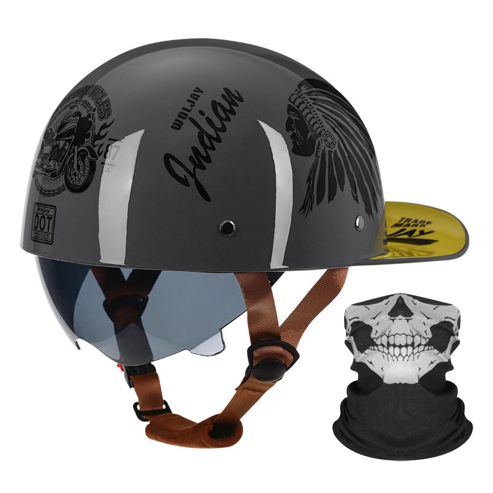 Motorrad Halbhelm Halbschalenhelm Baseballmütze-Helm Mit Gesichtsschutz ECE-Zulassung Baseball Cap Motorradhelm Mit Schrumpfbare Braune Linsen Schnellverschluss 55-64CM von HHSDB